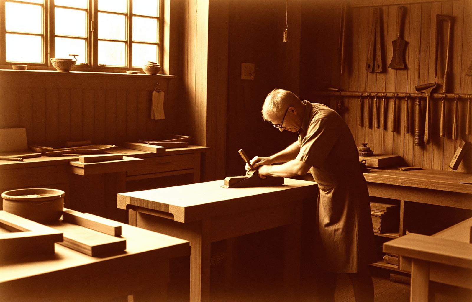 Archive photograph: Edward Pember planing oak in the original Hathersage workshop, 1974